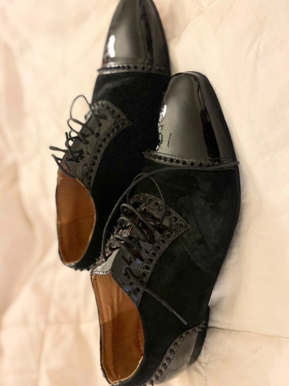 Christian Louboutin Black Suede & Patent Leather Spiked Derby Shoes